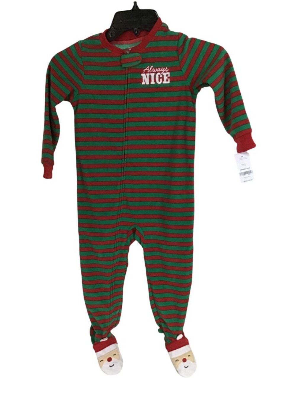 Carters 3T Always Nice Red Green Striped Christmas Fleece Santa Footed Pajama